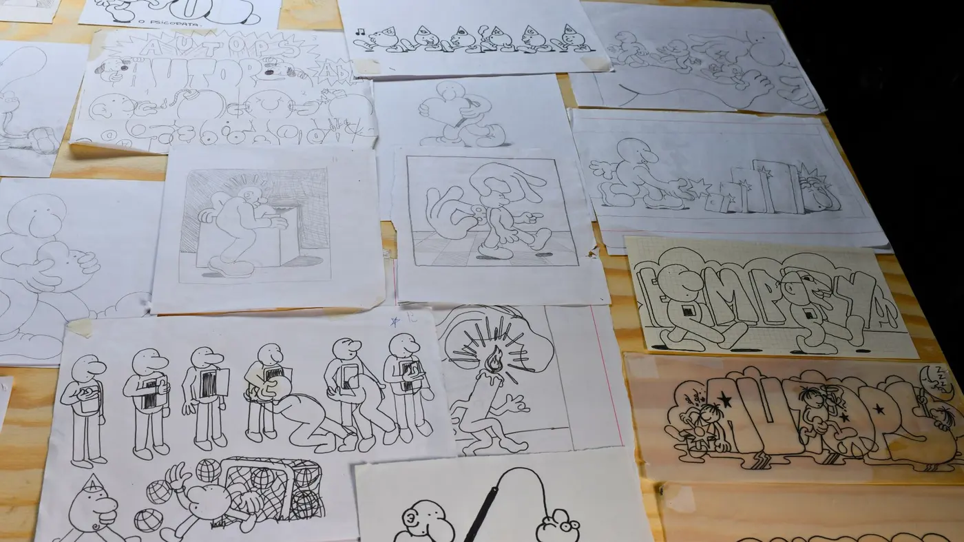 Works on paper by Theodoro Autops during exhibition preparation
